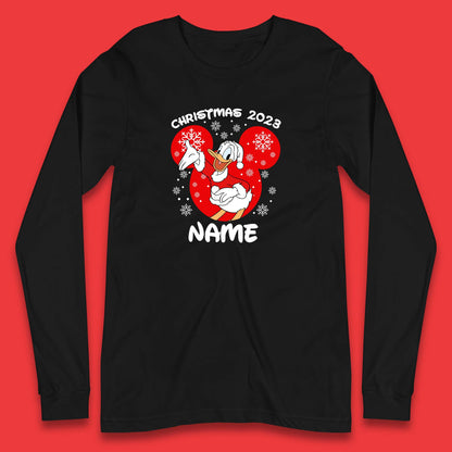 Personalised Christmas 2023 Your Name Santa Donald Duck And Daisy Duck Xmas Disney Mickey And Friends Long Sleeve T Shirt