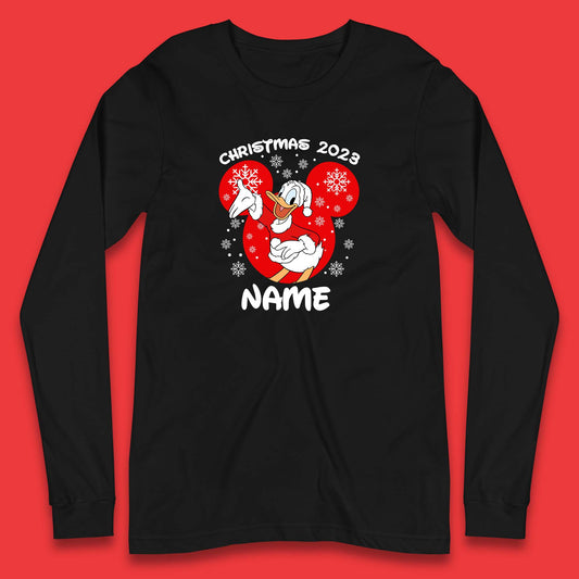 Personalised Christmas 2023 Your Name Santa Donald Duck And Daisy Duck Xmas Disney Mickey And Friends Long Sleeve T Shirt