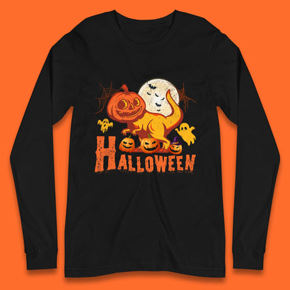 Halloween Dinosaur Jack O Lantern T-Rex Funny Dino Pumpkin Scary Boo and Bats Festive Costume Long Sleeve T Shirt