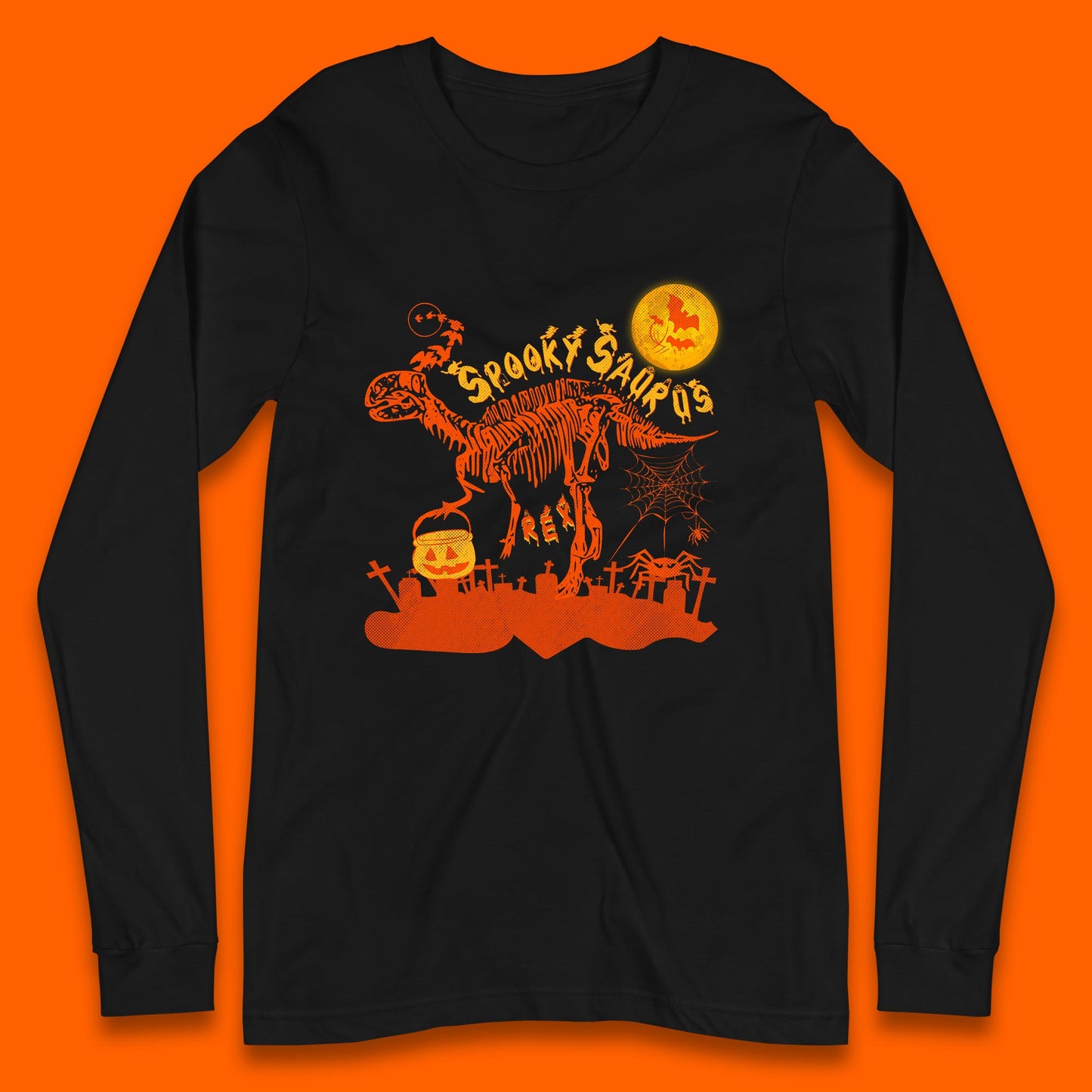 Spooky Saurus Rex Halloween Dinosaur Skeleton T-Rex Scary Pumpkin Long Sleeve T Shirt