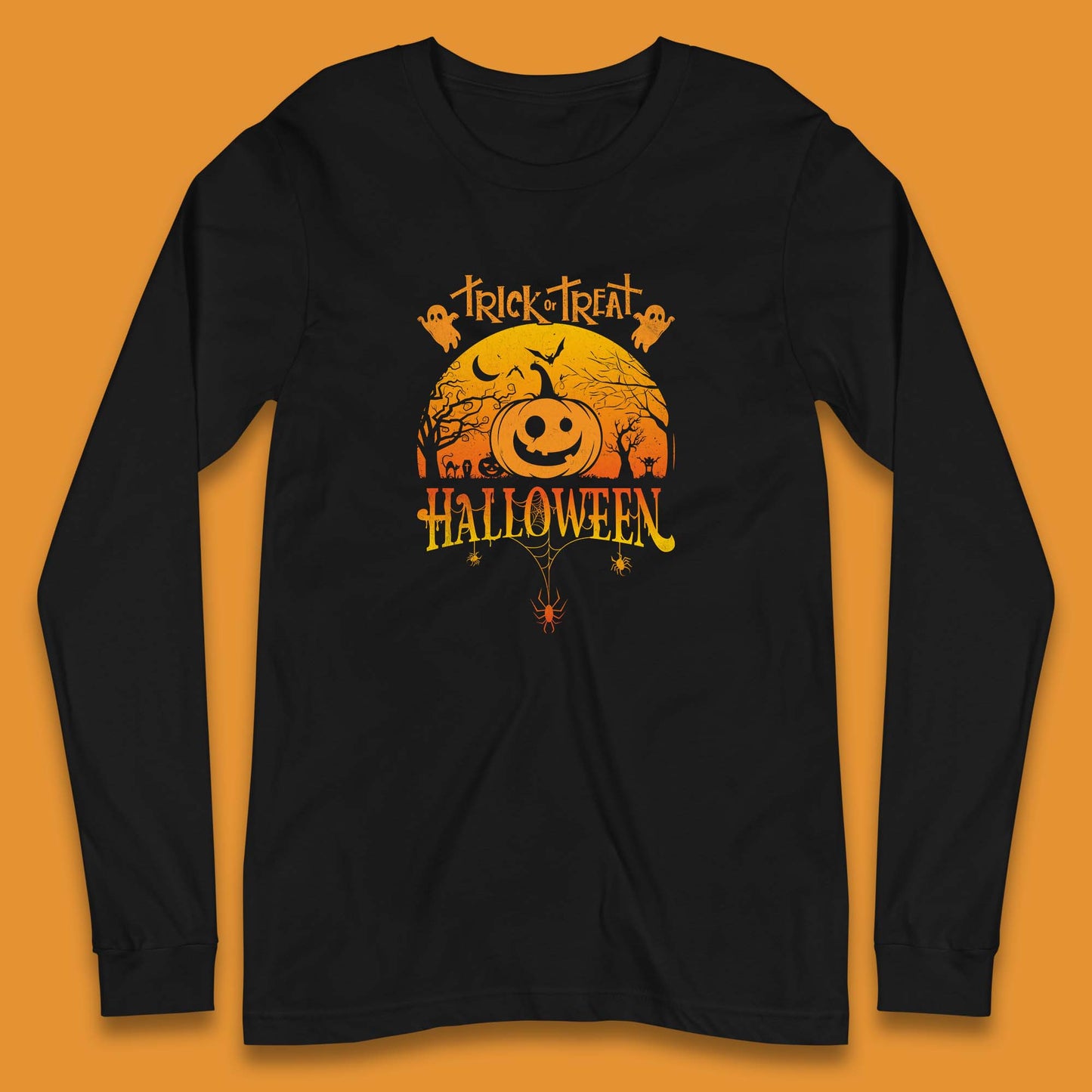 Trick Or Treat Halloween Pumpkin Haunted Trees Scary Spooky Season Long Sleeve T Shirt