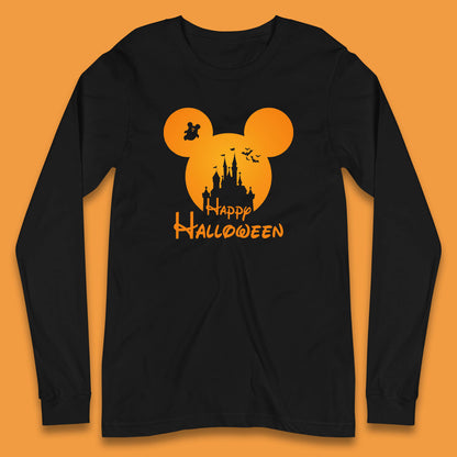 Happy Halloween Mickey Mouse Disney Castle Halloween Scary Boo Flying Bats Long Sleeve T Shirt