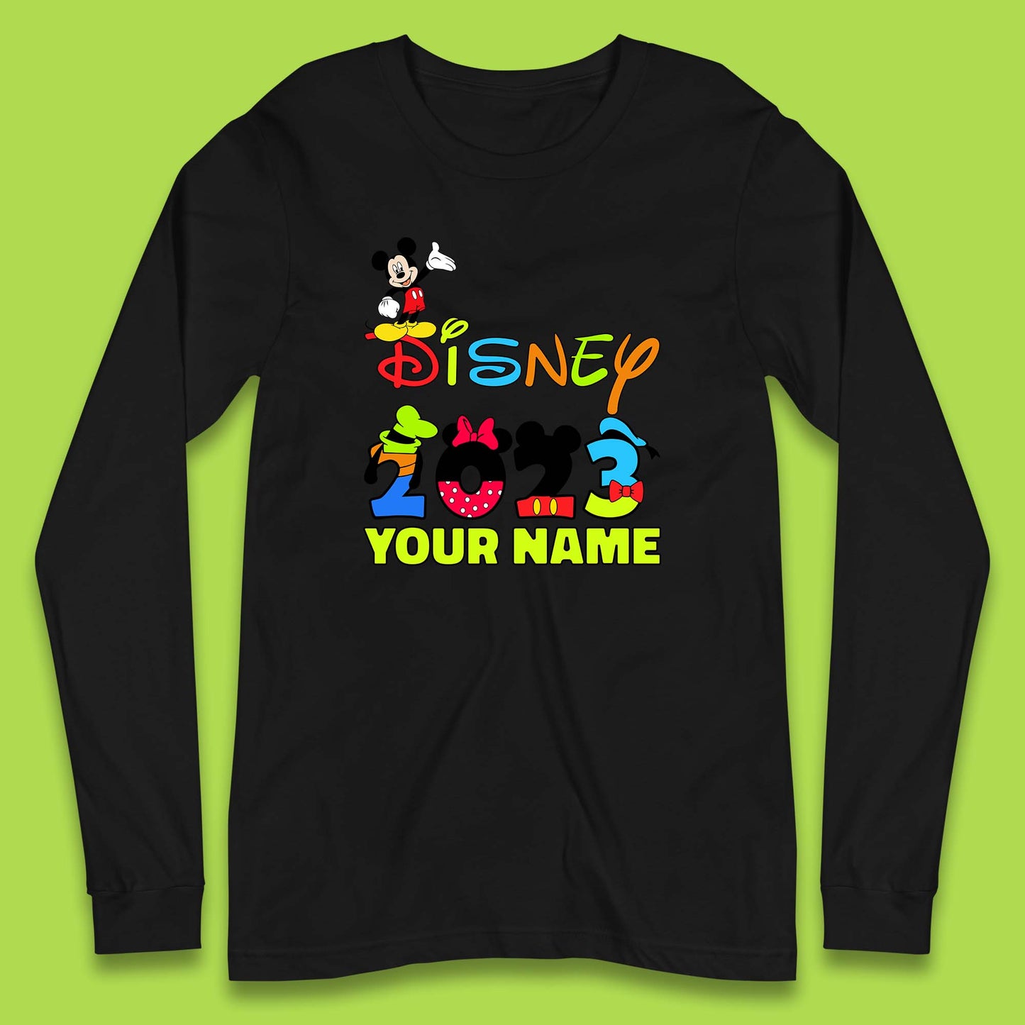 Personalised Disney 2023 Disney Club Your Name Mickey Mouse Minnie Mouse Donald Duck Pluto Goofy Cartoon Characters Disney Vacation Long Sleeve T Shirt