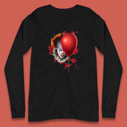 IT Pennywise Clown With Balloon Halloween Evil Clown Costume Horror Movie Serial Killer Long Sleeve T Shirt