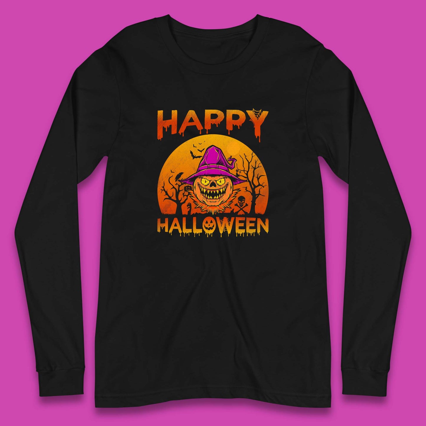 Happy Halloween Monster Pumpkin With Witch Hat Horror Scary Spooky Season Long Sleeve T Shirt