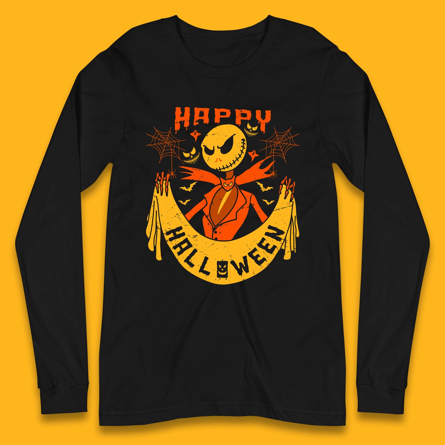 Happy Halloween Jack Skellington Holding Banner Nightmare Before Christmas Scary Nightmare Long Sleeve T Shirt