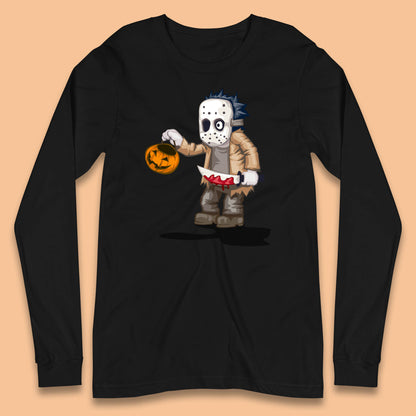 Chibi Jason Voorhees Holding Bloody Knife And Pumpkin Bucket Halloween Friday The 13th Horror Movie Long Sleeve T Shirt