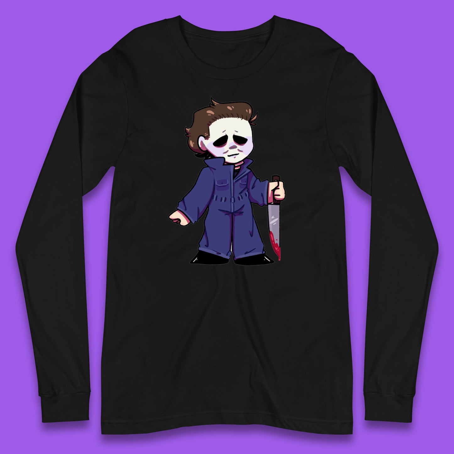 Chibi Michael Myers Holding Bloody Knife Halloween Serial Killer Horror Movie Character Long Sleeve T Shirt