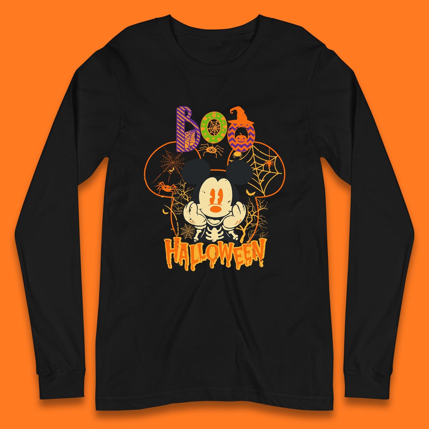 Boo Halloween Mickey Mouse Skeleton Horror Scary Disney Halloween Disneyland Trip Long Sleeve T Shirt