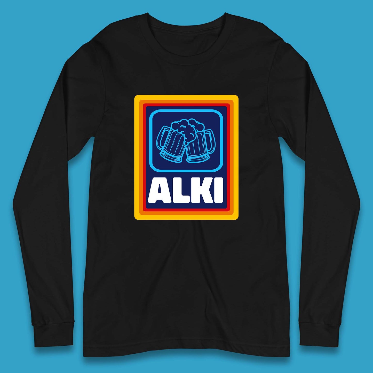 Alki Aldi Drink Pub Beer Joke Funny Parody Novelty Gift Long Sleeve T Shirt