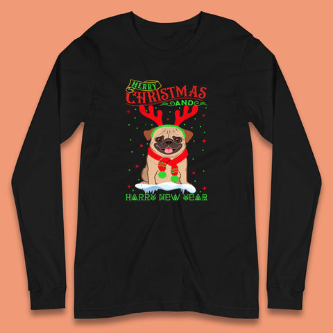 Merry Christmas And Happy New Year Pug Dog Wearing Red Scarf And Antlers Xmas Dog Lovers Long Sleeve T Shirt