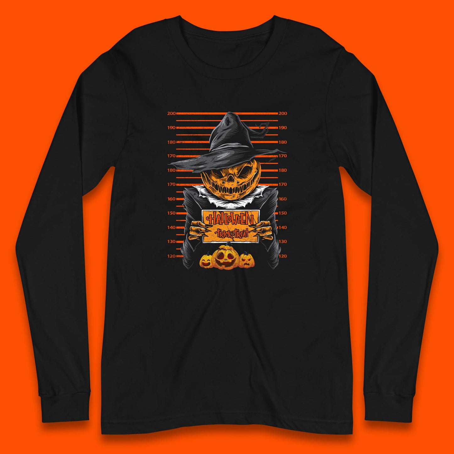 Halloween Trick Or Treat Scarecrow Mugshot Pumpkin Head Witch Hat Horror Scary Long Sleeve T Shirt