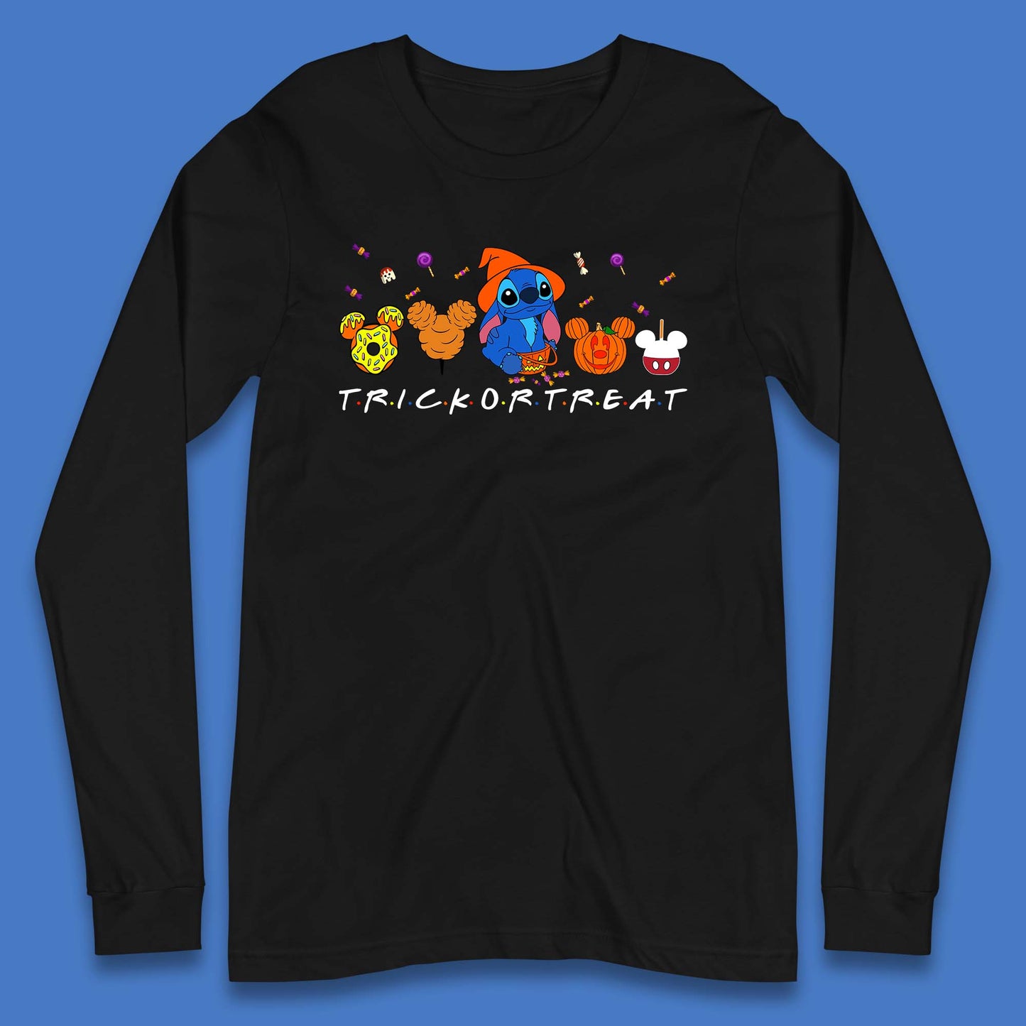 Halloween Disney Stitch Snacks Trick Or Treat Stitch And Mickey Mouse Friends Spoof Disneyland Snacks Long Sleeve T Shirt