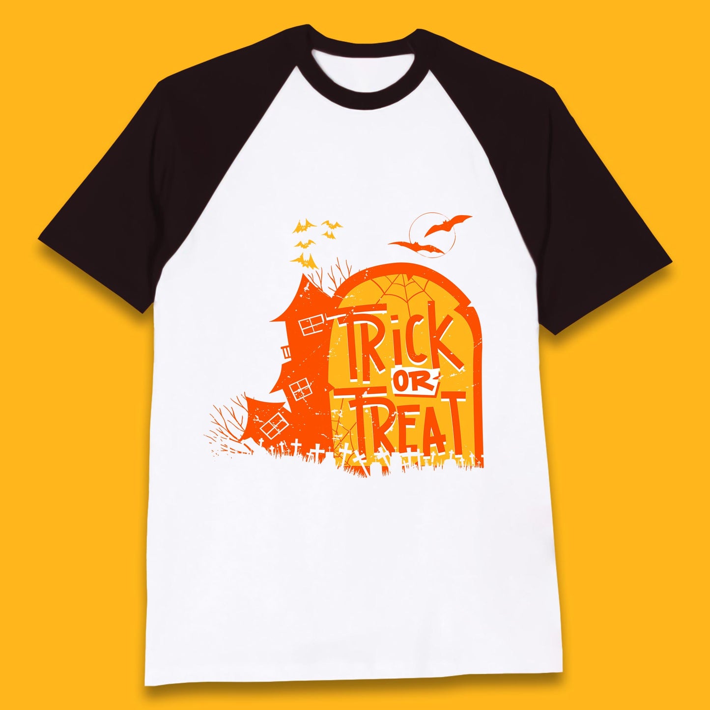 Trick Or Treat Halloween Terrific Abandoned Haunted House Flying Bats Baseball T Shirt