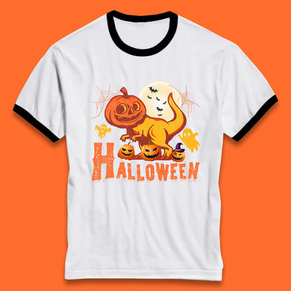 Halloween Dinosaur Jack O Lantern T-Rex Funny Dino Pumpkin Scary Boo and Bats Festive Costume Ringer T Shirt