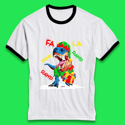 Fa La Rawr Rawr Christmas Dinosaur Wearing Elf Costume & Holding Gifts Xmas T-Rex Ringer T Shirt