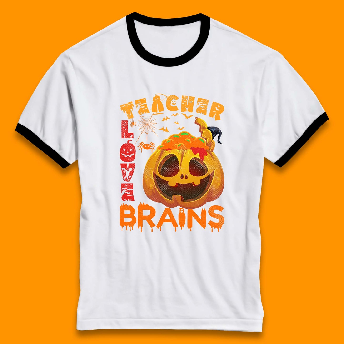 Teacher Love Brain Halloween Spooky Teacher Trick Or Teach Ringer T Shirt