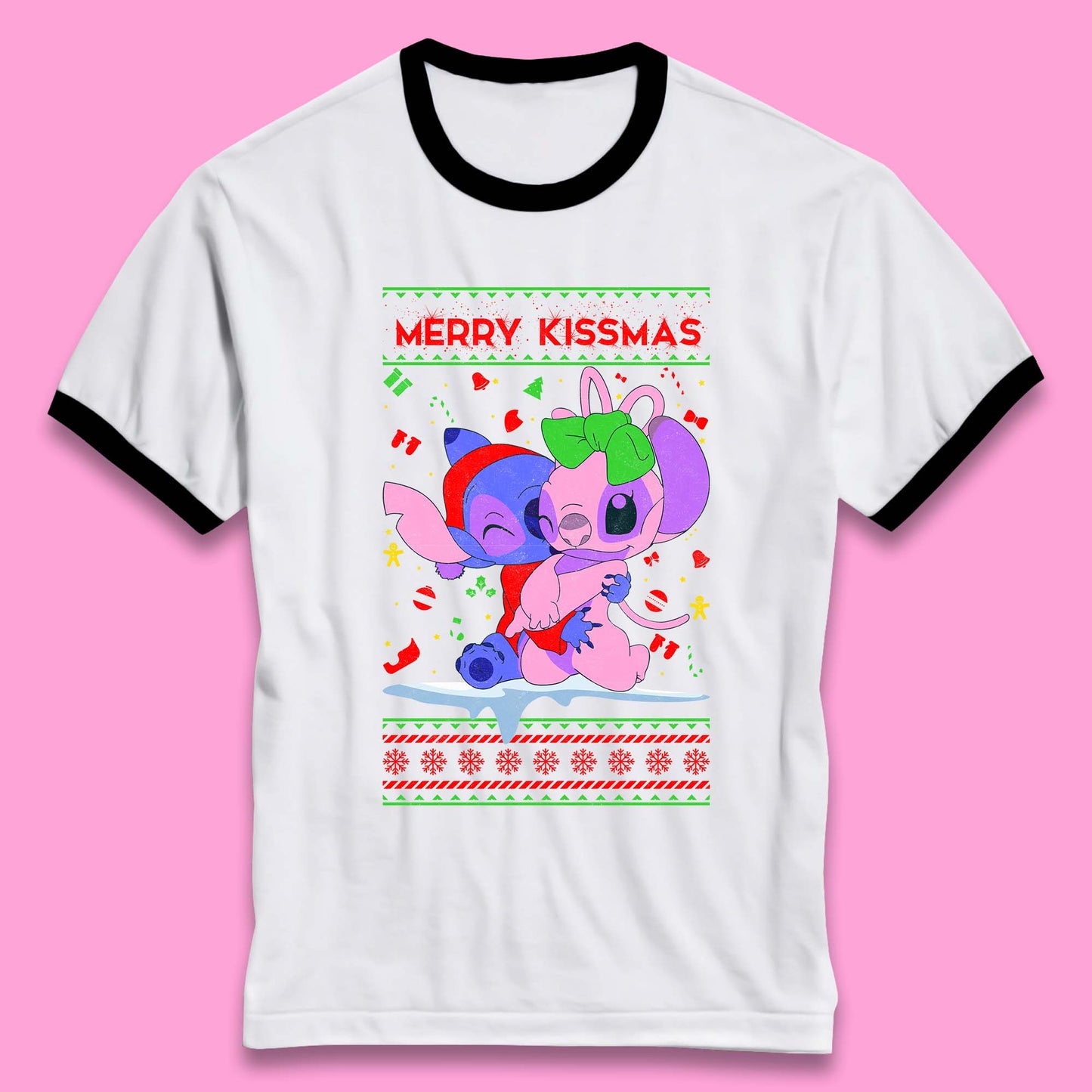 merry kissmas disney stitch and angel ringer t shirt