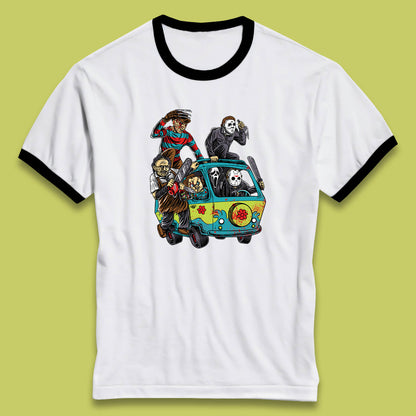 Halloween Scooby Doo Friends Van Horror Movie Villians Characters Mystery Machine Ringer T Shirt