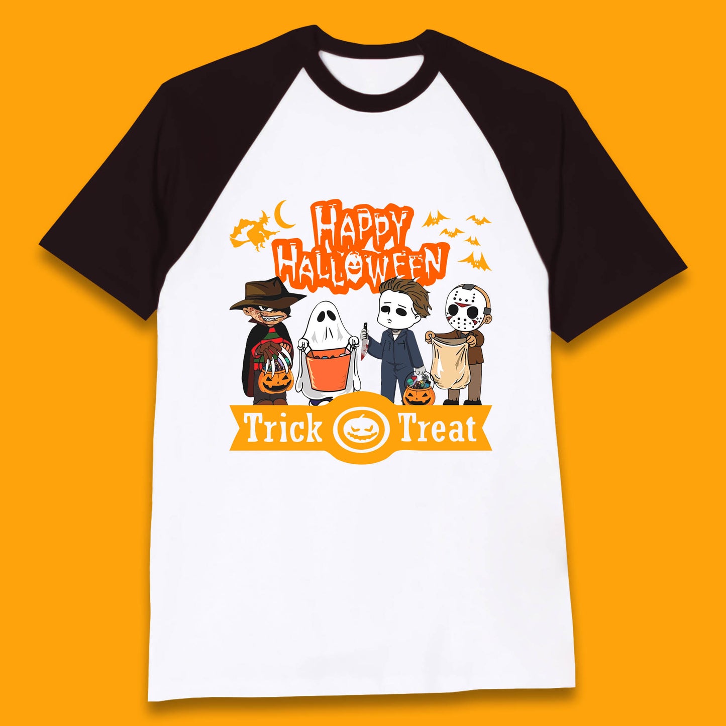 Happy Halloween Trick Or Treat Chibi Horror Movie Characters Killer Baseball T Shirt