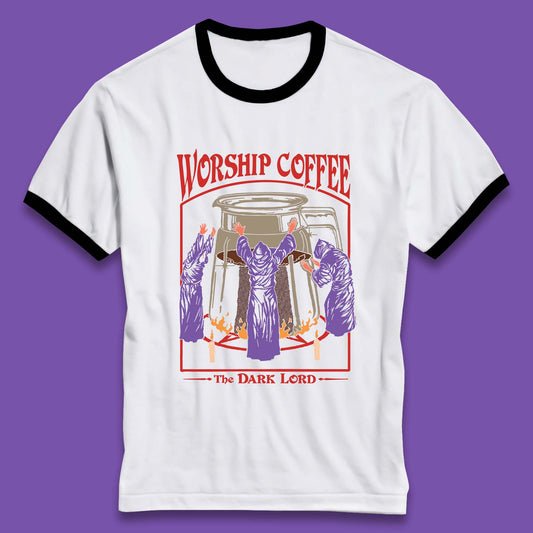 Worship Coffee The Dark Lord Aesthetic Vintage Coffee Retro Halloween Coffee Lover Faith Ringer T Shirt