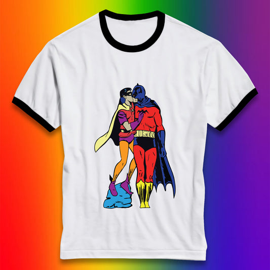 Batman X Robin Superhero Kiss Gay Pride LGBT Gay Bat Superheros Film DC Comics Ringer T Shirt