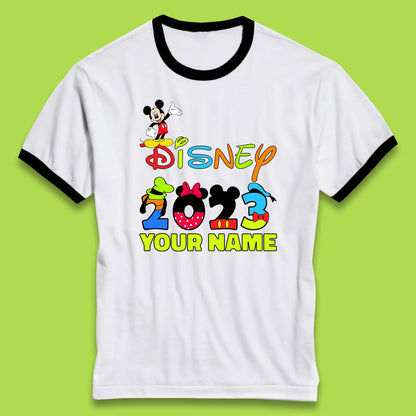 Personalised Disney 2023 Disney Club Your Name Mickey Mouse Minnie Mouse Donald Duck Pluto Goofy Cartoon Characters Disney Vacation Ringer T Shirt