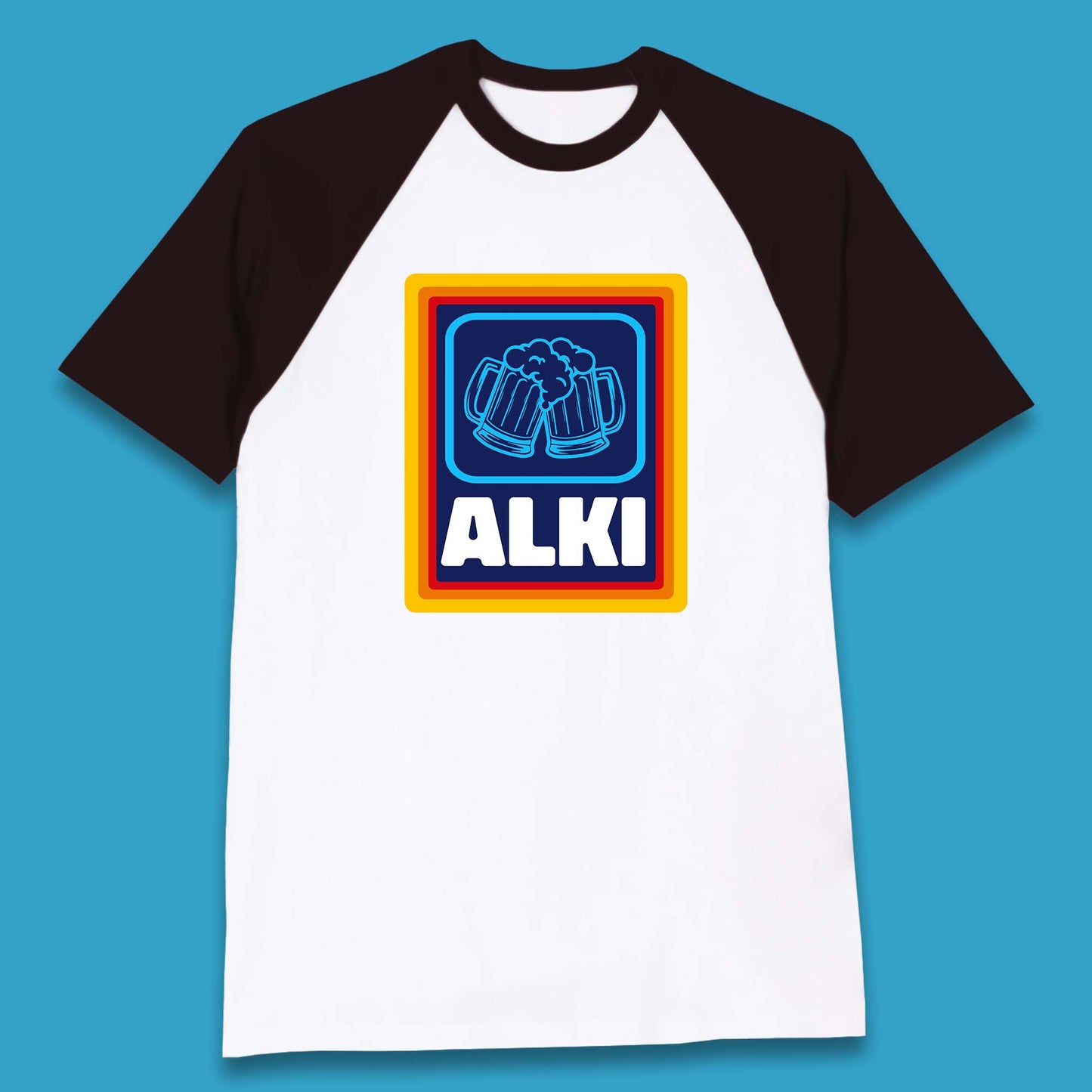 Alki Aldi Drink Pub Beer Joke Funny Parody Novelty Gift Baseball T Shirt