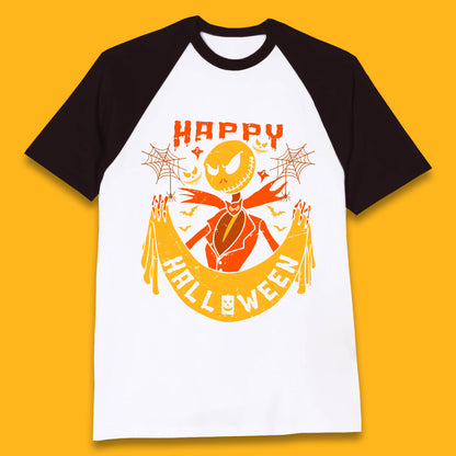 Happy Halloween Jack Skellington Holding Banner Nightmare Before Christmas Scary Nightmare Baseball T Shirt