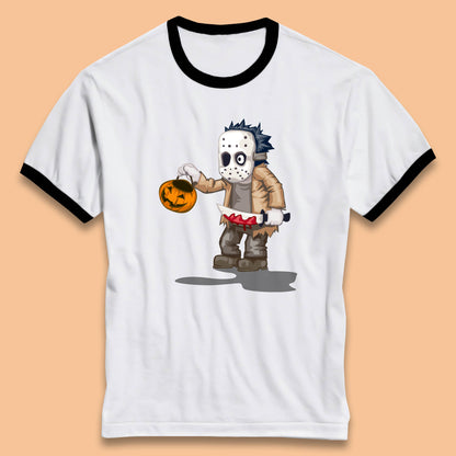 Chibi Jason Voorhees Holding Bloody Knife And Pumpkin Bucket Halloween Friday The 13th Horror Movie Ringer T Shirt