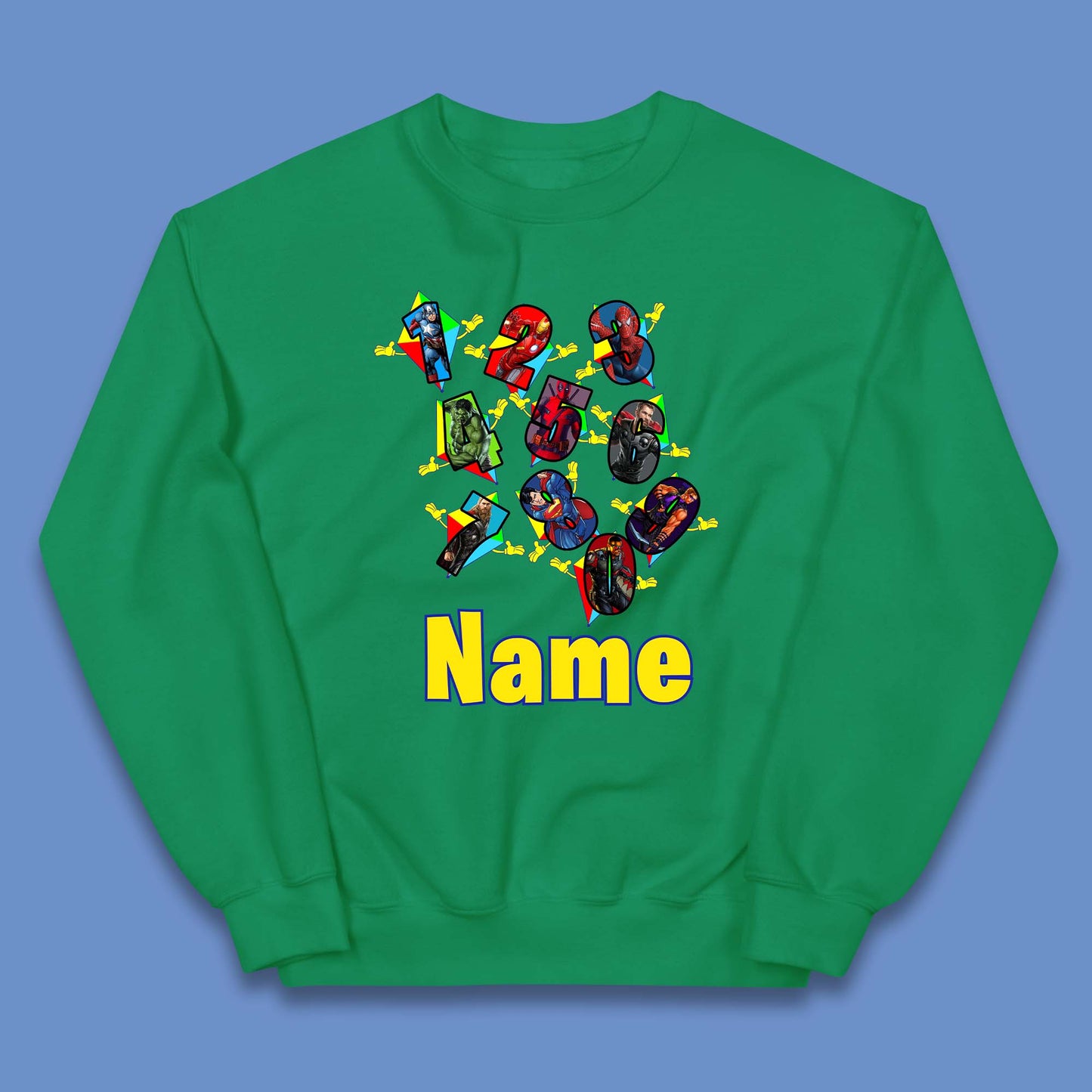 Personalised Number Day Superheroes Superheroes Kids Jumper