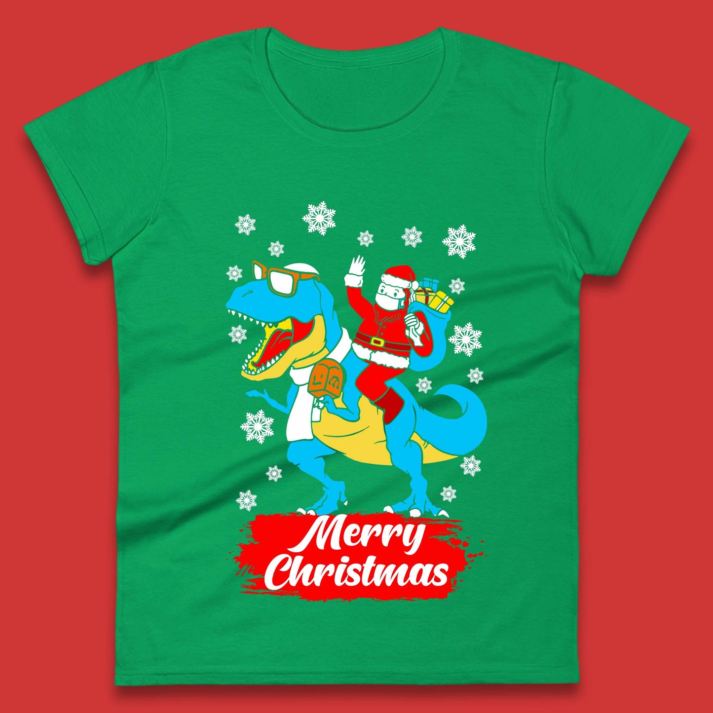 Santa Claus Riding T-Rex Christmas Womens T-Shirt