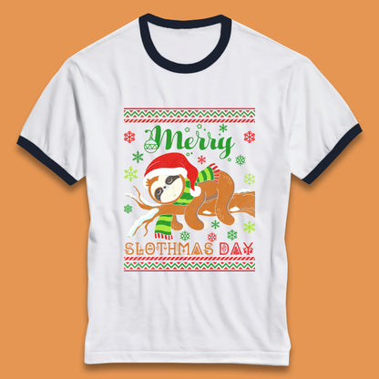 Merry Slothmas Day Christmas Santa Sloth Lovers Xmas Holiday Celebration Ringer T Shirt