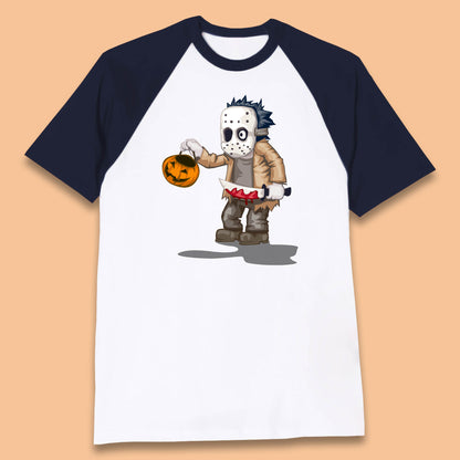 Chibi Jason Voorhees Holding Bloody Knife And Pumpkin Bucket Halloween Friday The 13th Horror Movie Baseball T Shirt