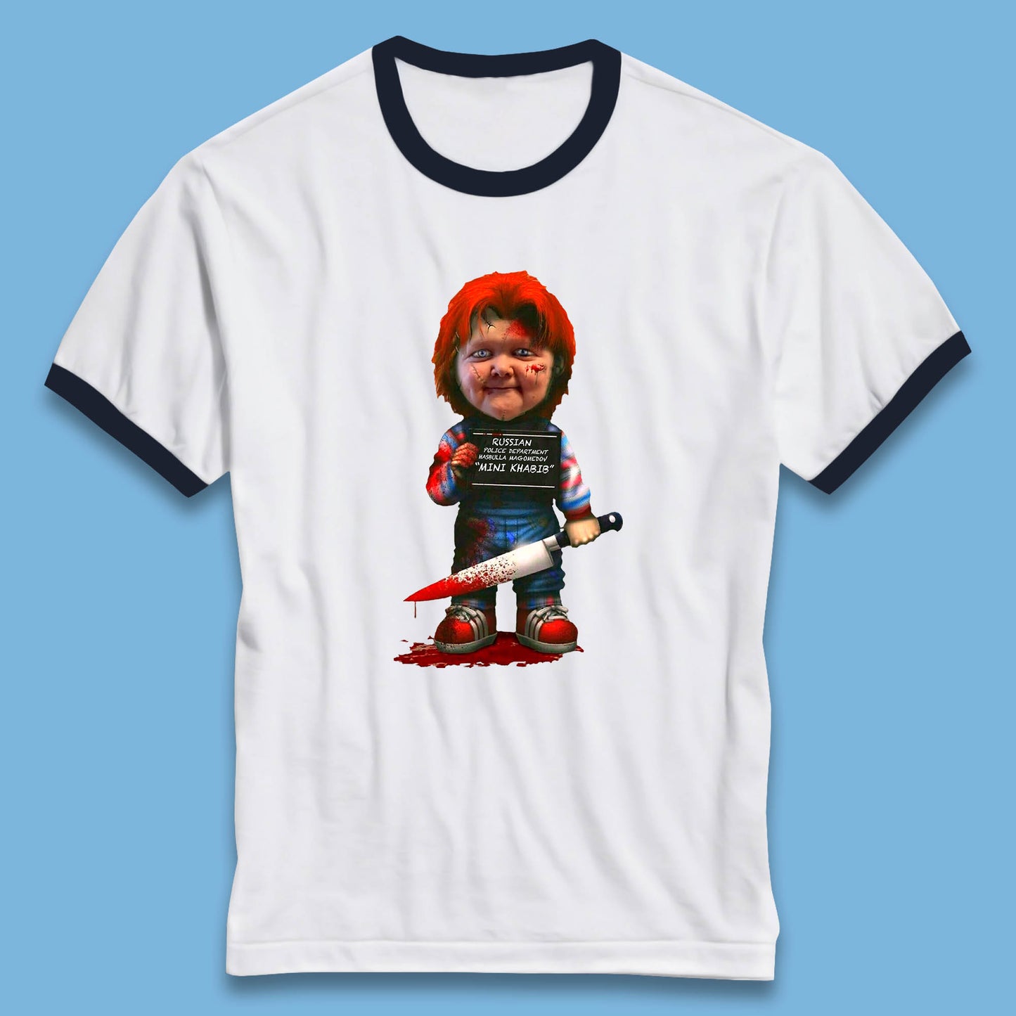 Chucky Mug Shot Russian Police Dept Hasbulla Magomedov Chucky Mini Khabib Inspired Halloween Horror Movie Good Guy Chucky Ringer T Shirt