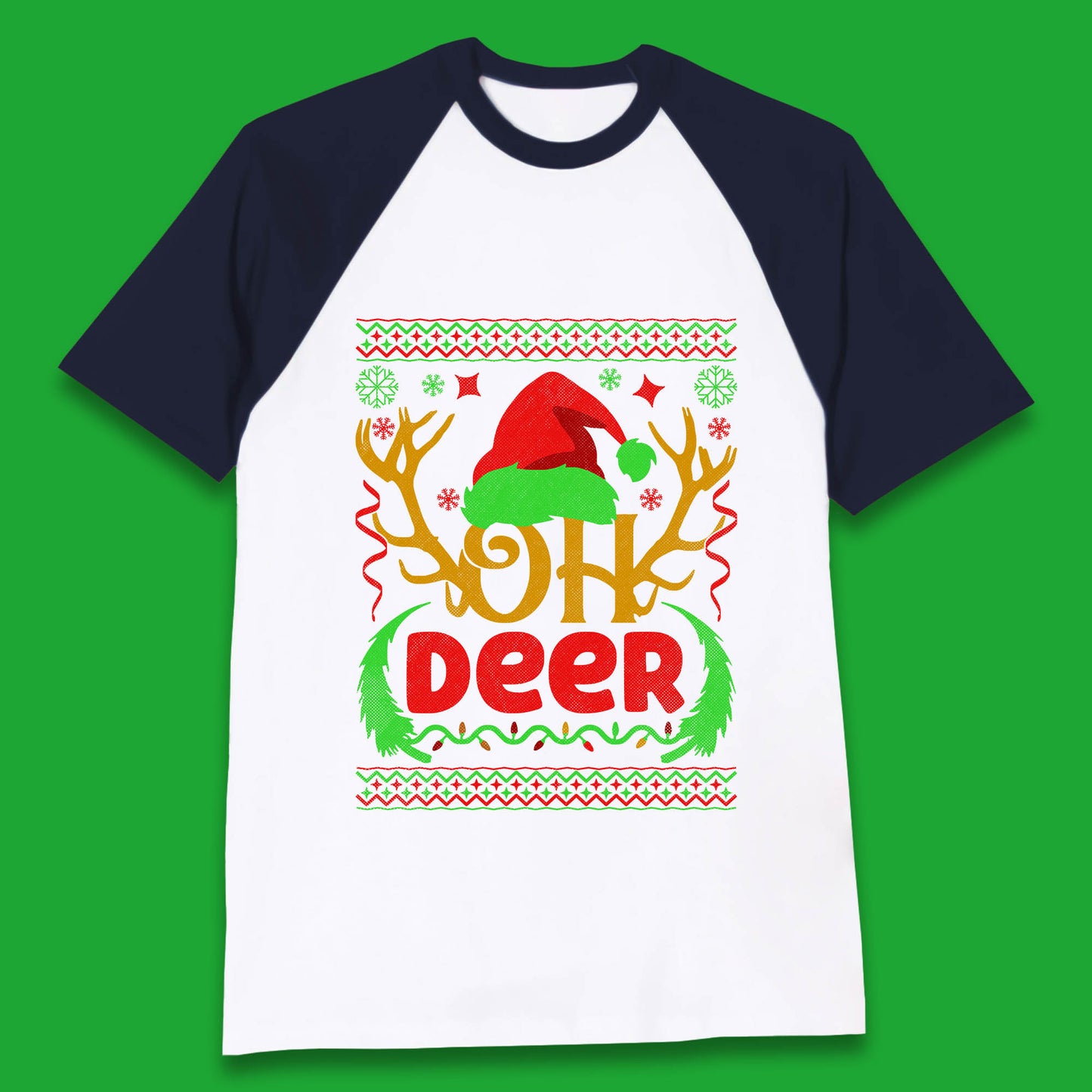 Oh Deer Merry Christmas Santa Hat Deer Antlers Funny Xmas Baseball T Shirt