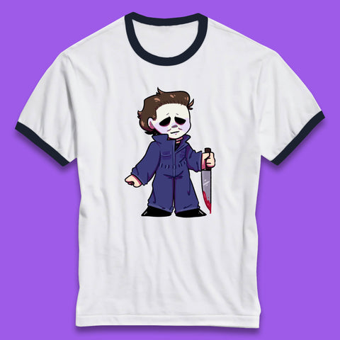 Chibi Michael Myers Holding Bloody Knife Halloween Serial Killer Horror Movie Character Ringer T Shirt