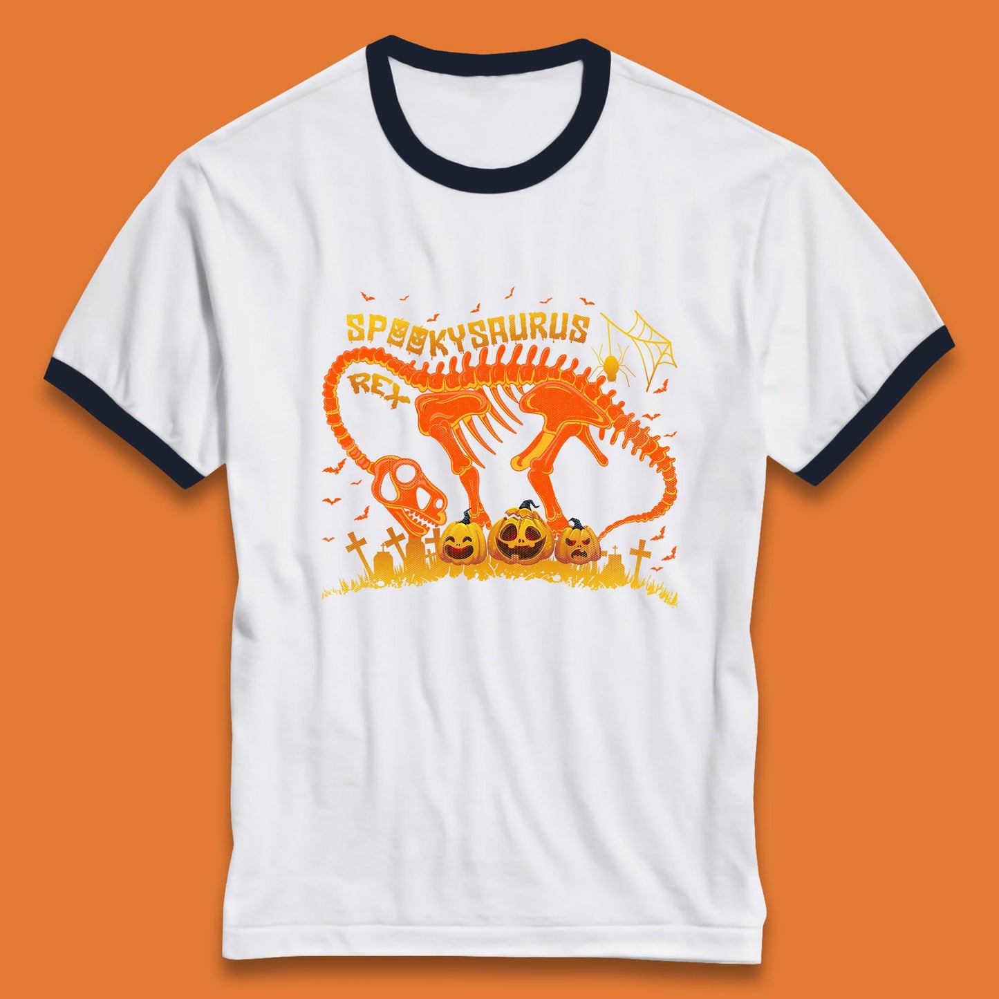 Spooky Saurus Rex Halloween Dinosaur T-Rex Skeleton With Scary Pumpkins Ringer T Shirt