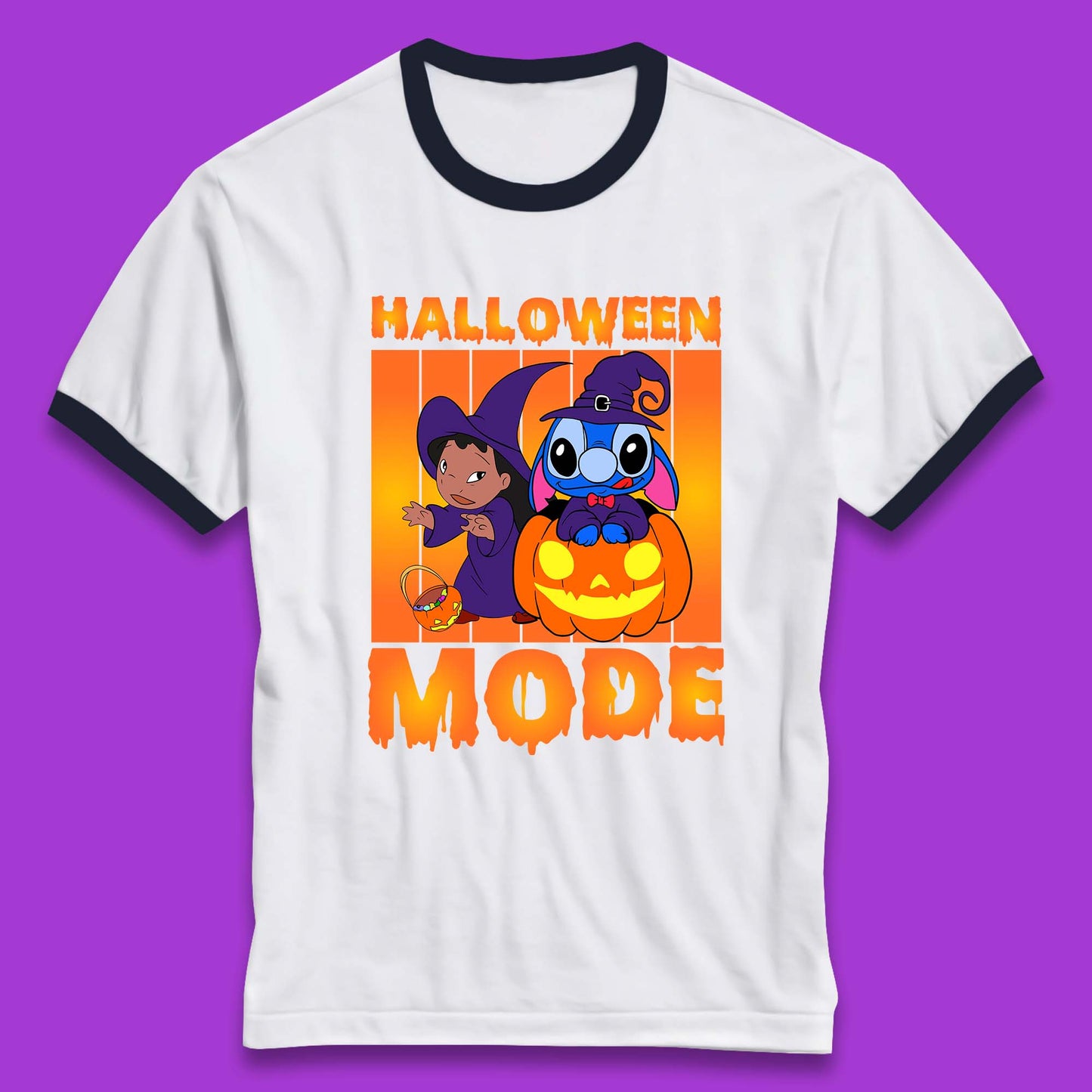 Halloween Mode Disney Lilo & Stitch Halloween Pumpkin Witch Hat Stitch Spooky Disneyland Trip Ringer T Shirt