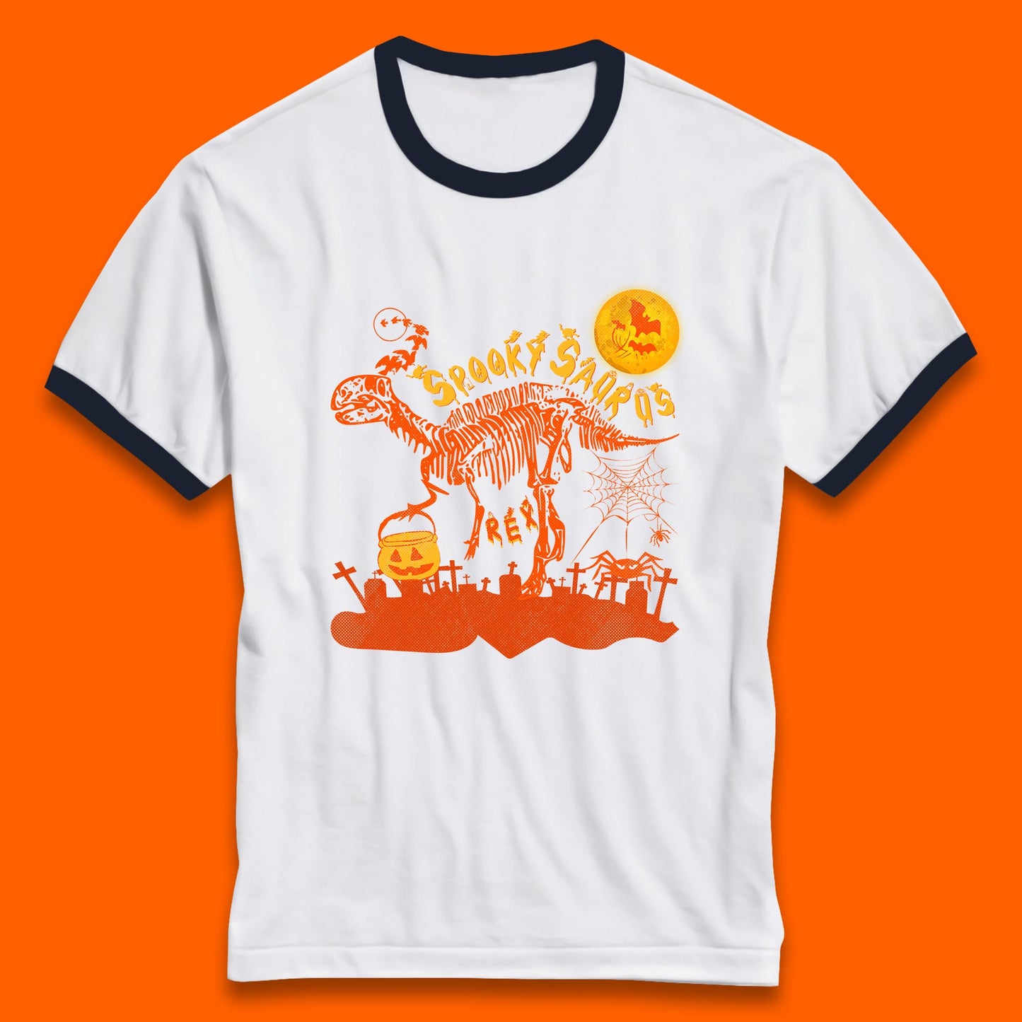 Spooky Saurus Rex Halloween Dinosaur Skeleton T-Rex Scary Pumpkin Ringer T Shirt