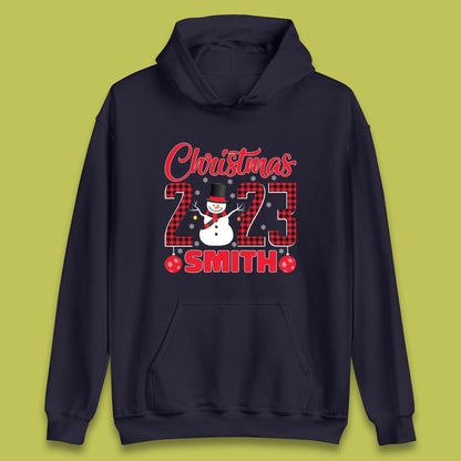 Personalised Christmas 2023 Your Name Snowman Buffalo Plaid Xmas Unisex Hoodie