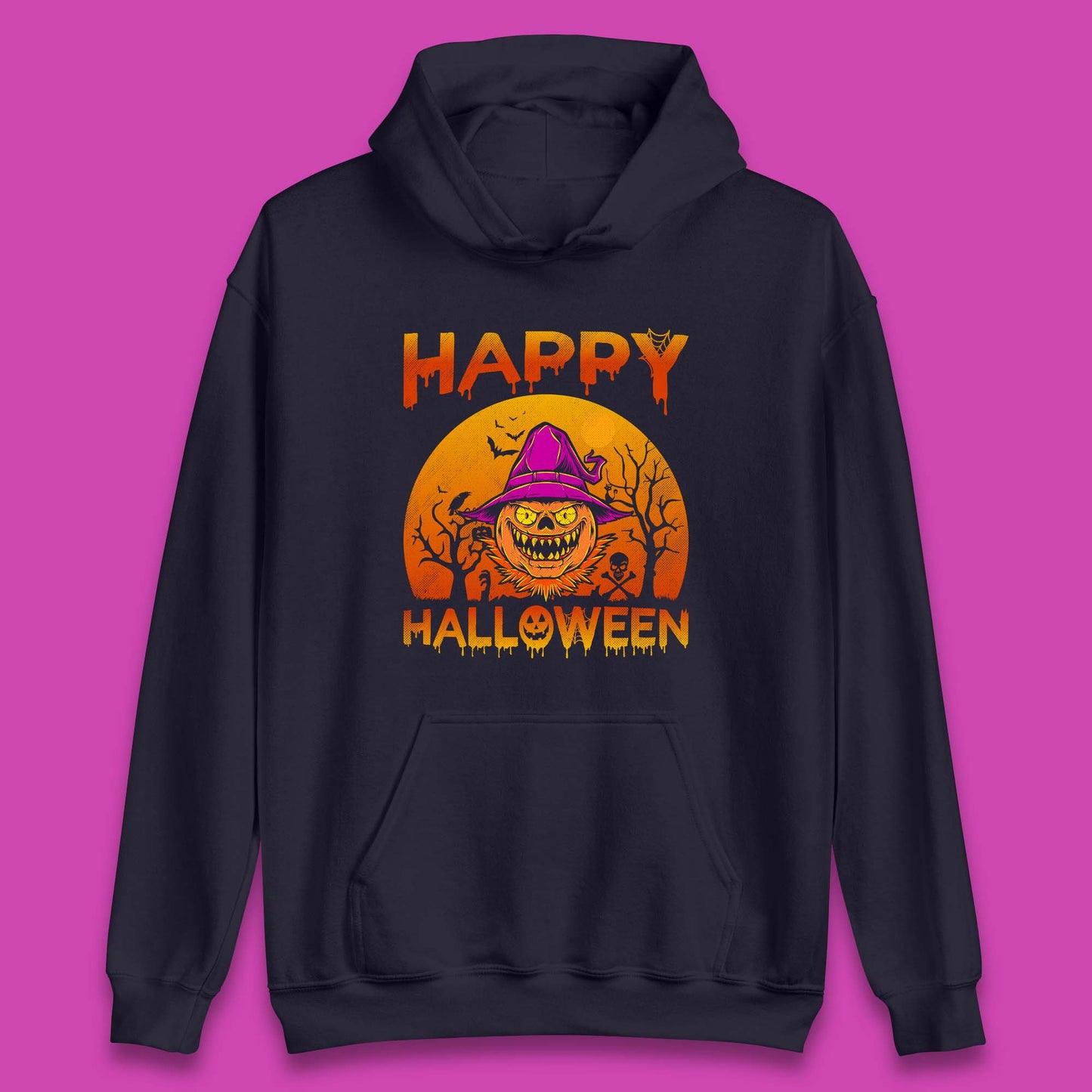 Happy Halloween Monster Pumpkin With Witch Hat Horror Scary Spooky Season Unisex Hoodie