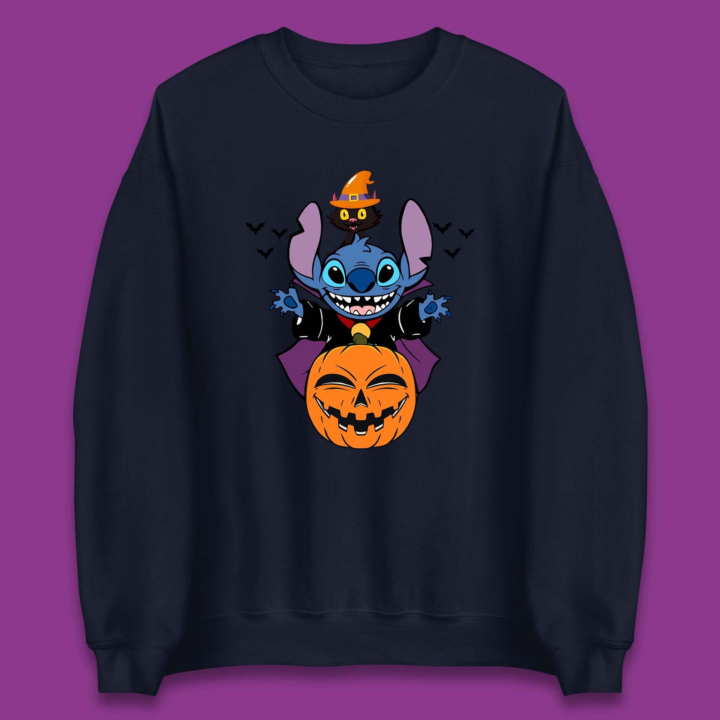 Disney Halloween Pumpkin Devil Stitch With Black Cat Horror Scary Disney Lilo & Stitch Unisex Sweatshirt