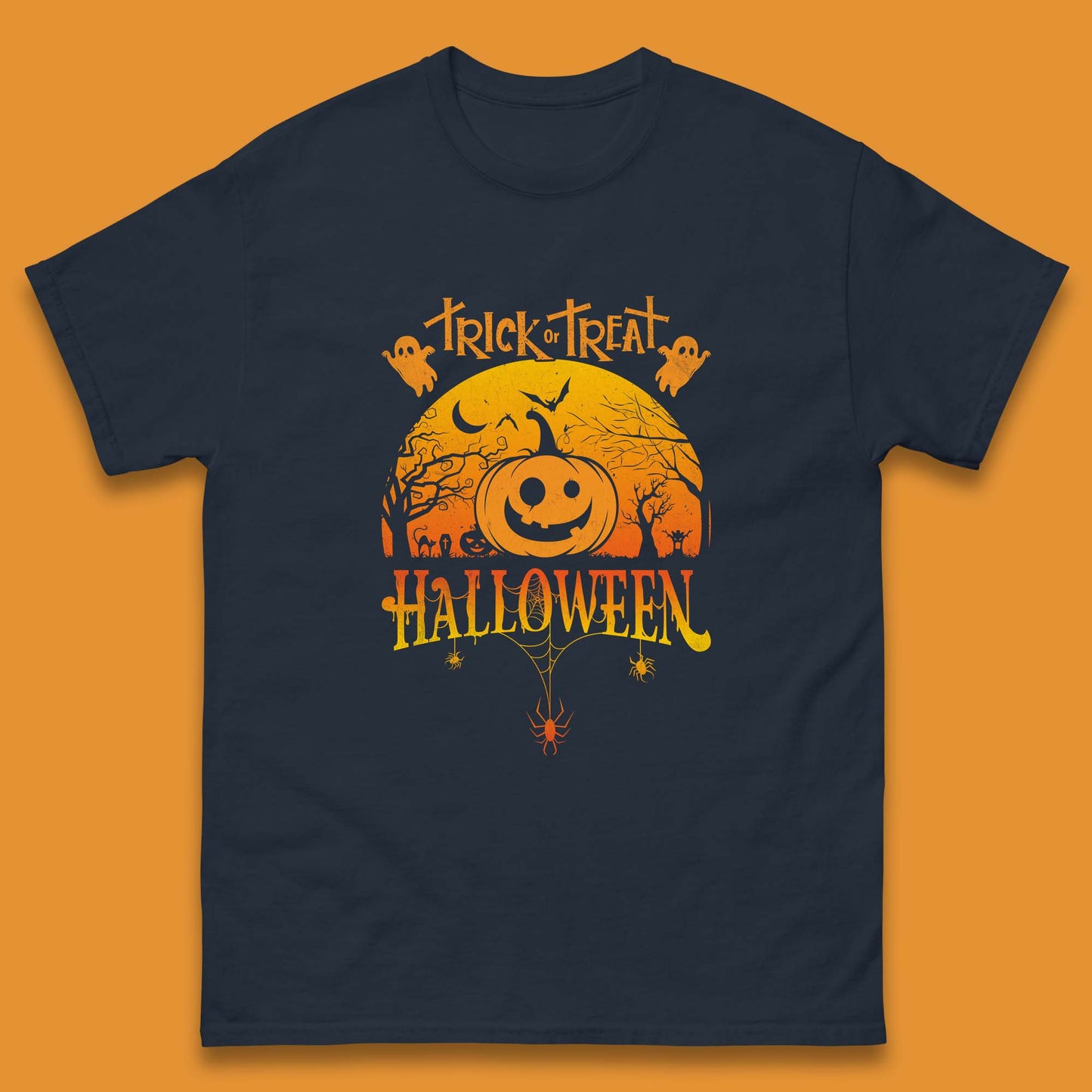 Trick Or Treat Halloween Pumpkin Haunted Trees Scary Spooky Season Mens Tee Top