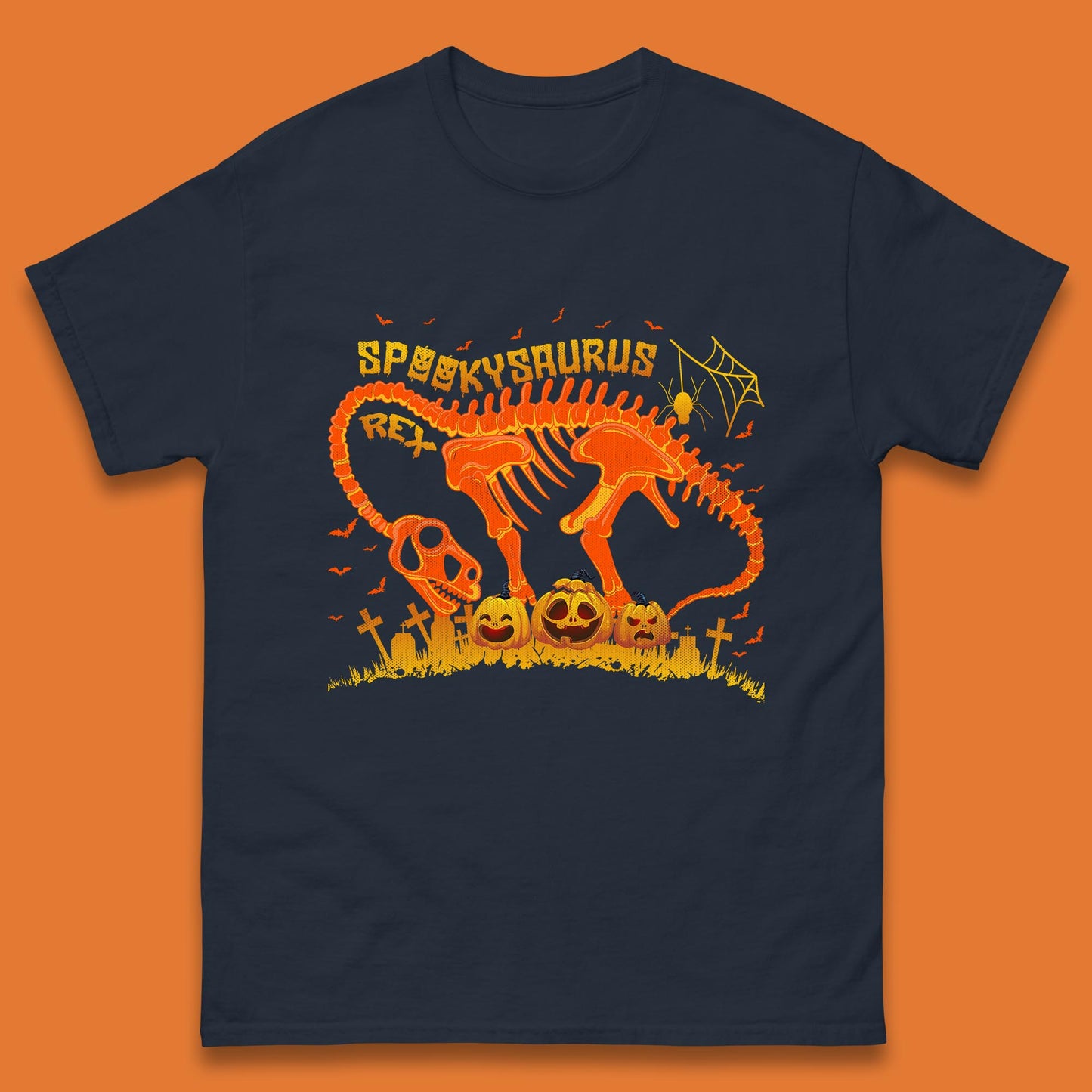 Spooky Saurus Rex Halloween Dinosaur T-Rex Skeleton With Scary Pumpkins Mens Tee Top