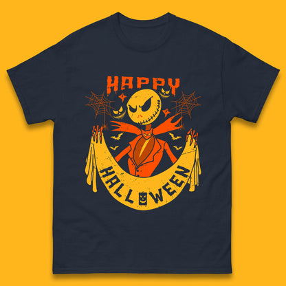 Happy Halloween Jack Skellington Holding Banner Nightmare Before Christmas Scary Nightmare Mens Tee Top