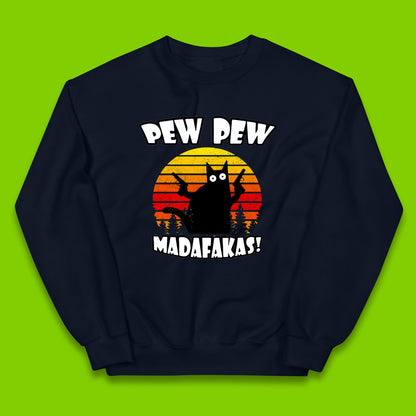 Pew Pew Madafakas Funny Joke Retro Vintage Cat Gun Pistol Kitty Pew Pew Cat Meme Kids Jumper