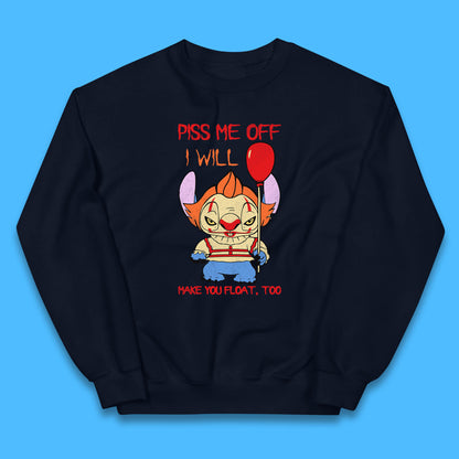 Piss Me Off I Will Make You Float, Too Halloween IT Pennywise Clown & Disney Stitch Movie Mashup Parody Kids Jumper