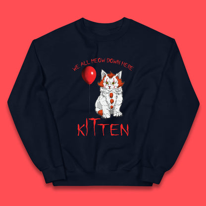 We All Meow Down Here Kitten Clown Cat Halloween IT Pennywise Clown Movie Mashup Parody Kids Jumper