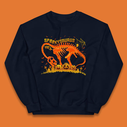 Spooky Saurus Rex Halloween Dinosaur T-Rex Skeleton With Scary Pumpkins Kids Jumper